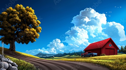 Red barn, truck, tree, and winding dirt road in a picturesque countryside setting.