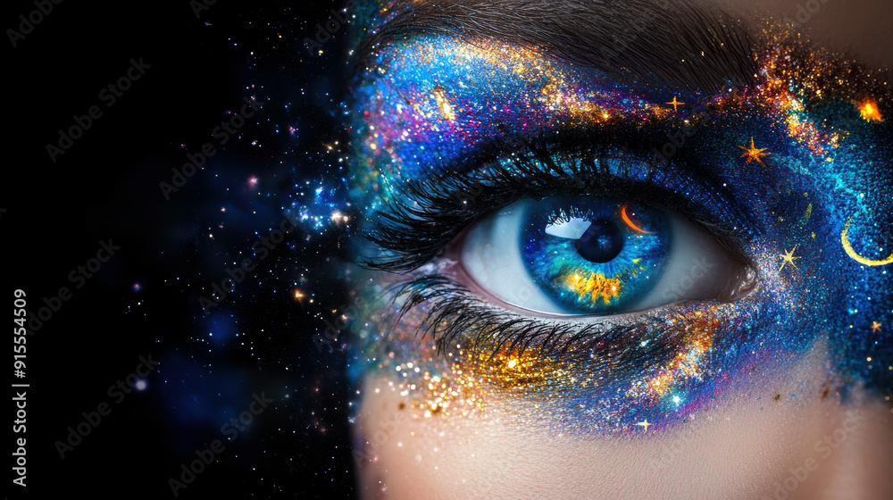 A woman's eye is painted with a galaxy design. The eye is surrounded by a blue and gold swirl of glitter. The eye is the main focus of the image, and the galaxy design adds a sense of wonder A woman's eye is painted with a galaxy design. The eye is surrounded by a blue and gold swirl of glitter. The eye is the main focus of the image, and the galaxy design adds a sense of wonder