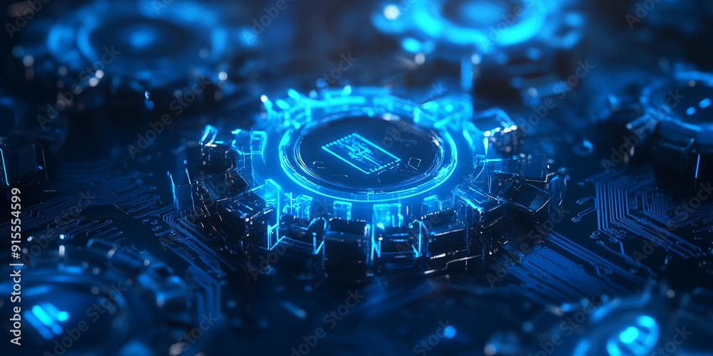 A blue glowing chip in the center of an industrial engine, close-up A blue glowing chip in the center of an industrial engine, close-up