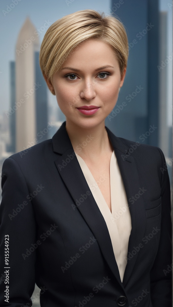 Portrait of a young woman with a short haircut in a business suit against the backdrop of a modern city. Portrait of a young woman with a short haircut in a business suit against the backdrop of a modern city.