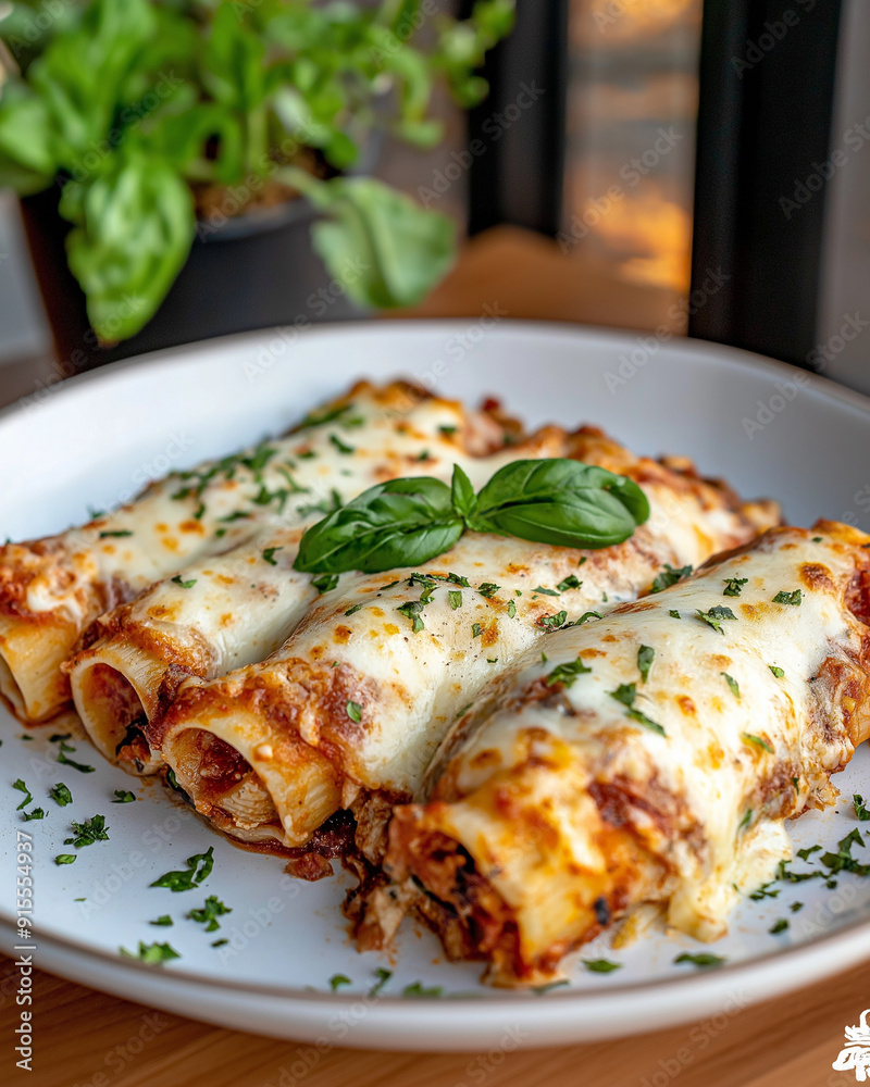Cheesy cannelloni pasta rolls filled with meat and spinach, topped with marinara and basil | Italian cuisine | Ideal for restaurant promotions and food photography Cheesy cannelloni pasta rolls filled with meat and spinach, topped with marinara and basil | Italian cuisine | Ideal for restaurant promotions and food photography