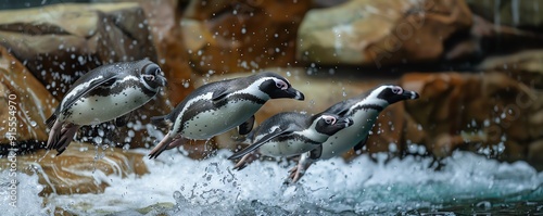 Penguins leaping from water into the air during feeding, wildlife species air, aquatic flight photo