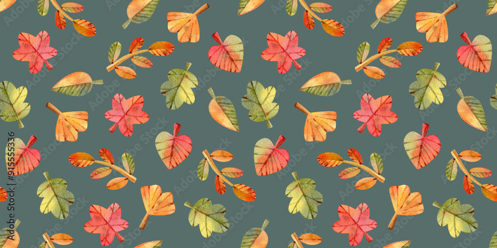 Watercolor Autumn pattern with leaves. Falling leaf background in cartoon style on a green background. Autumn mood forest print for textile or wrapping paper. Watercolor Autumn pattern with leaves. Falling leaf background in cartoon style on a green background. Autumn mood forest print for textile or wrapping paper.