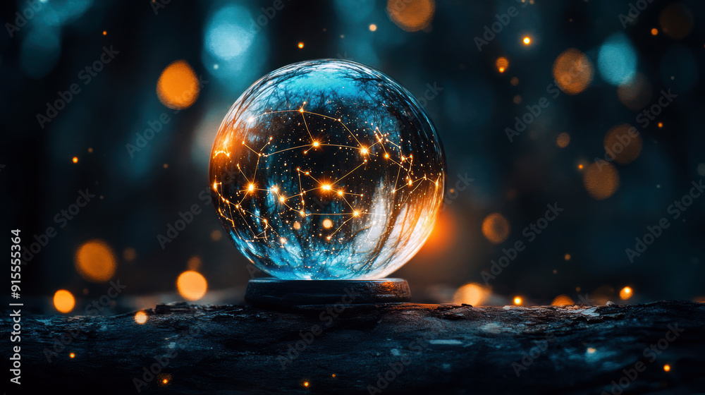 A glowing sphere with a starry pattern on it. The sphere is surrounded by a blurry, glowing background A glowing sphere with a starry pattern on it. The sphere is surrounded by a blurry, glowing background