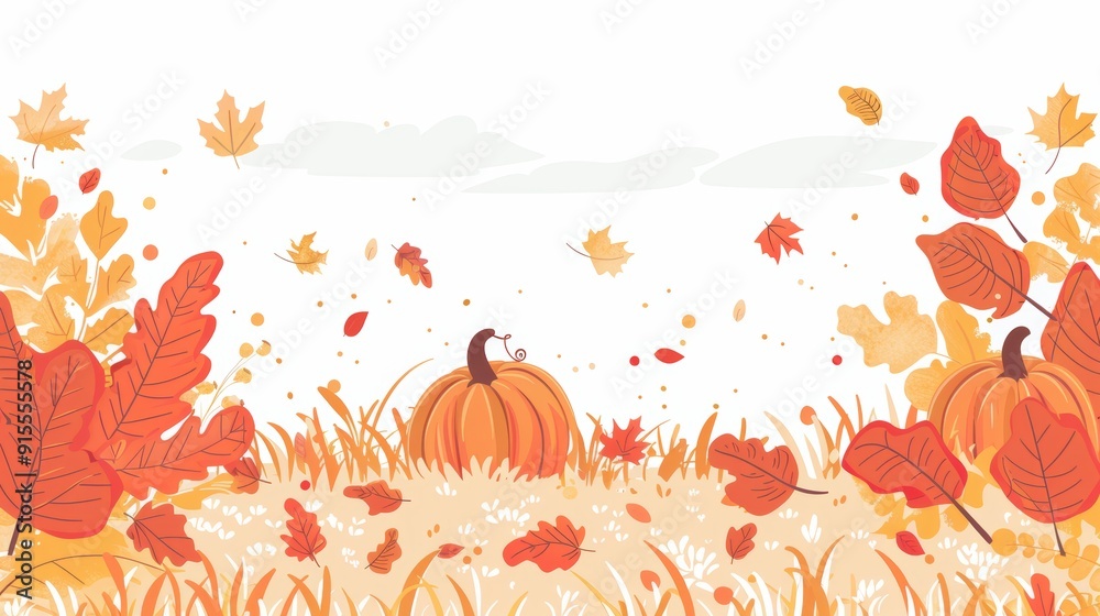Fototapeta premium Vibrant Fall Landscape with Pumpkins and Leaves