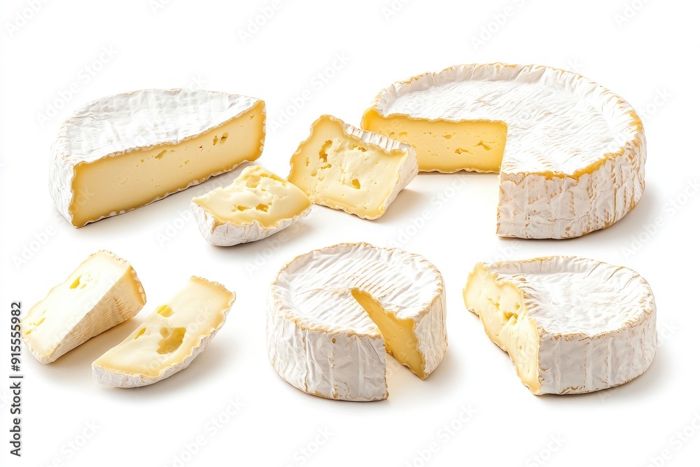 Whole and Sliced Camembert Cheese on a White Background Whole and Sliced Camembert Cheese on a White Background