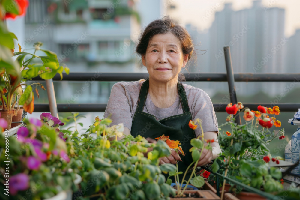 An old Asian female gardener working in rooftop green garden at the modern building. Urban agriculture on the rooftop of the building An old Asian female gardener working in rooftop green garden at the modern building. Urban agriculture on the rooftop of the building