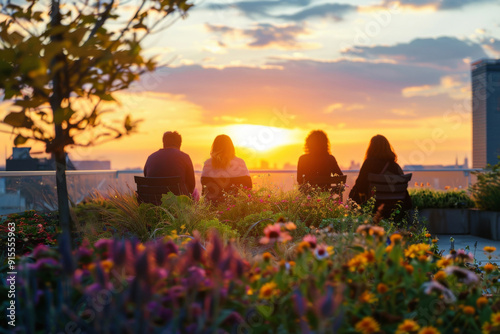 Group of friends are sitting in chairs at flower garden on top of rooftop of the modern building. The sunrise in a city with tall buildings