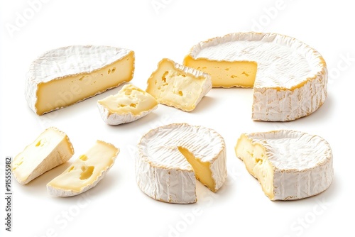 Whole and Sliced Camembert Cheese on a White Background photo