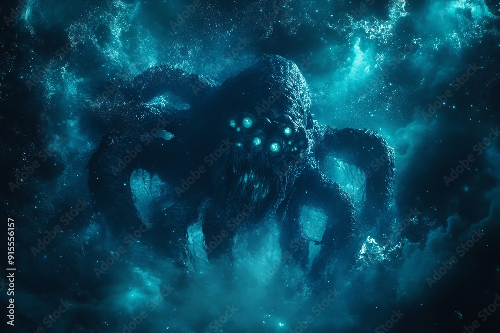 This high-resolution illustration depicts a fearsome beholder floating in a dark cavern, its central eye gleaming with magical energy This high-resolution illustration depicts a fearsome beholder floating in a dark cavern, its central eye gleaming with magical energy