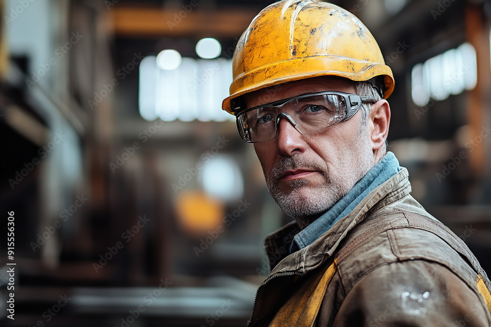 Professional middle-aged man in safety gear and a yellow helmet at a steel plant, posing with a blurred factory setting behind. Highlights industrial safety and work professionalism. Professional middle-aged man in safety gear and a yellow helmet at a steel plant, posing with a blurred factory setting behind. Highlights industrial safety and work professionalism.