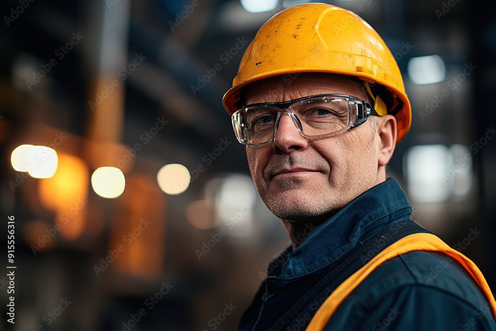 Professional middle-aged man in safety gear and a yellow helmet at a steel plant, posing with a blurred factory setting behind. Highlights industrial safety and work professionalism. Professional middle-aged man in safety gear and a yellow helmet at a steel plant, posing with a blurred factory setting behind. Highlights industrial safety and work professionalism.