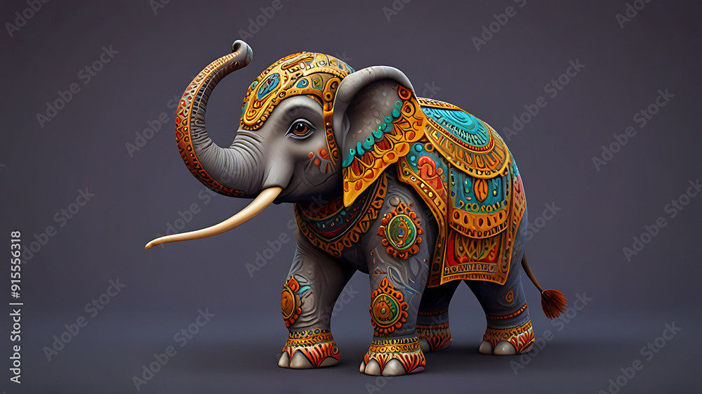 Fototapeta premium A 3D cute cartoon style Ganesha, the Hindu elephant-headed god, with a round belly, big eyes, and a gentle smile, set against a simple background