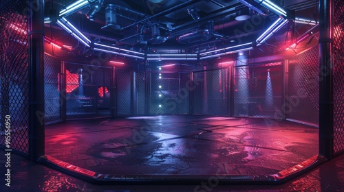 Neon Lit Octagon Fighting Cage