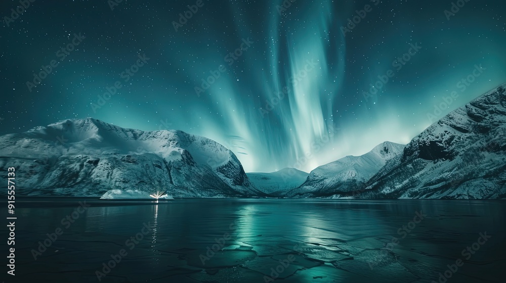 Northern lights dance over snow-covered mountains at twilight Northern lights dance over snow-covered mountains at twilight