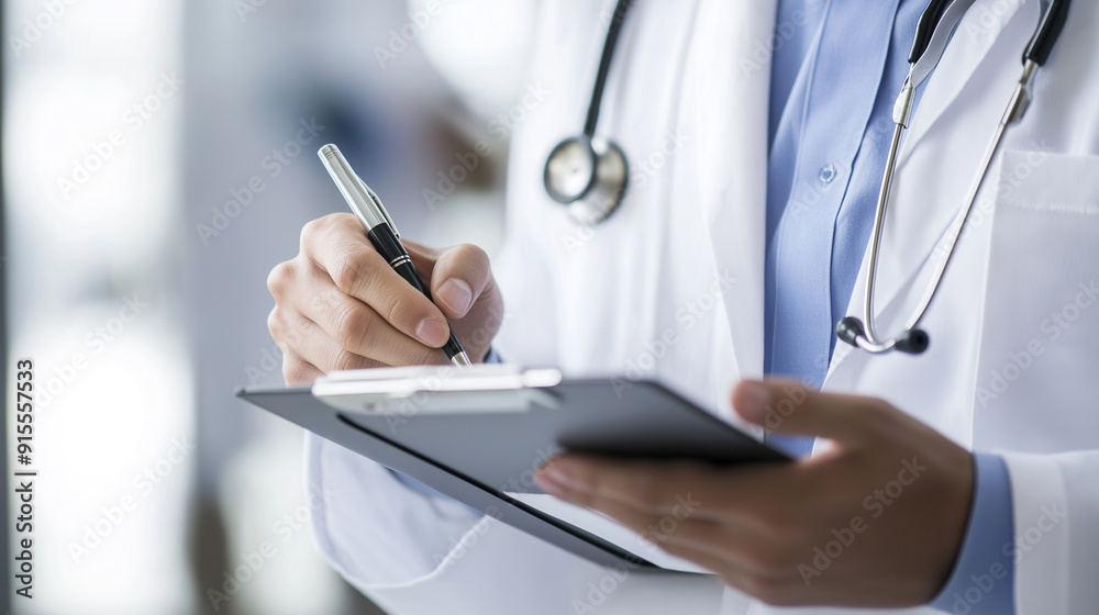 Close-up of a doctor writing on a clipboard, symbolizing healthcare and professional medical care. Close-up of a doctor writing on a clipboard, symbolizing healthcare and professional medical care.