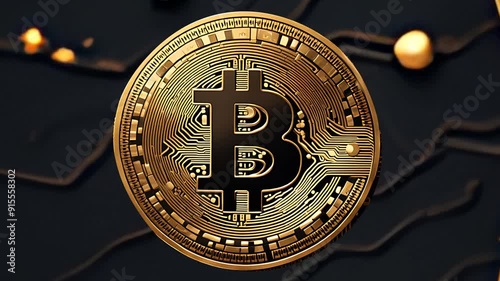 Bitcoin cryptocurrency motion shot. Macro view of golden bitcoin on microchip. Futuristic Bitcoin blockchain network. Bitcoin mining. Bitcoin symbol on a motherboard. Virtual cryptocurrency concept