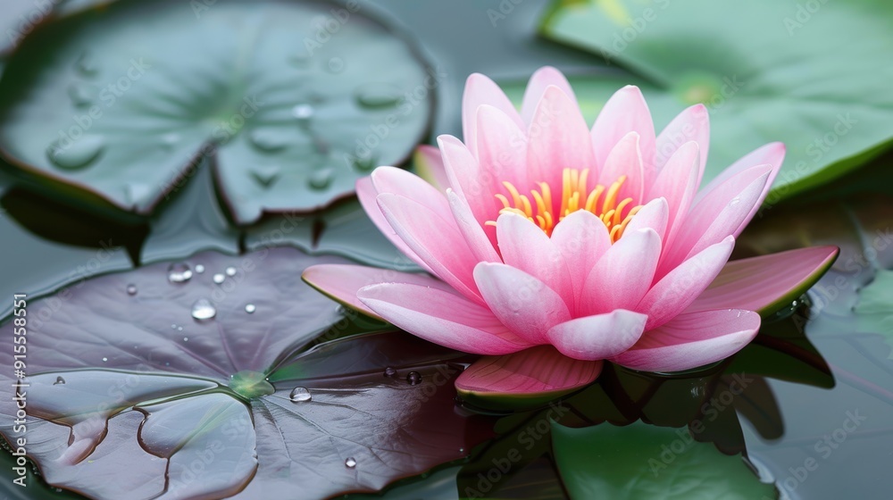 Serene Close-up of Pink Lotus Flower with Lush Green Leaves in Nature Serene Close-up of Pink Lotus Flower with Lush Green Leaves in Nature