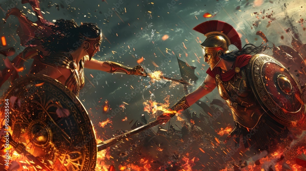 Fototapeta premium Two armored fighters confront each other with shields and spears amid flames and chaos during a historical battle