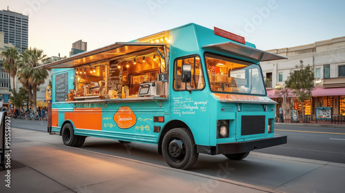 A colorful food truck parked on a street during the day, with a menu board displaying various food options, and buildings in the background.