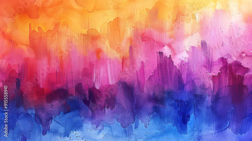 Abstract colorful watercolor background blending from orange to blue with splashes