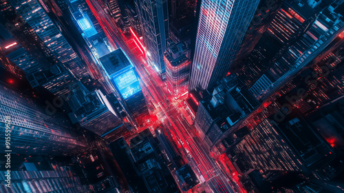 Aerial view of a futuristic cityscape with vibrant red and blue lights illuminating the streets.