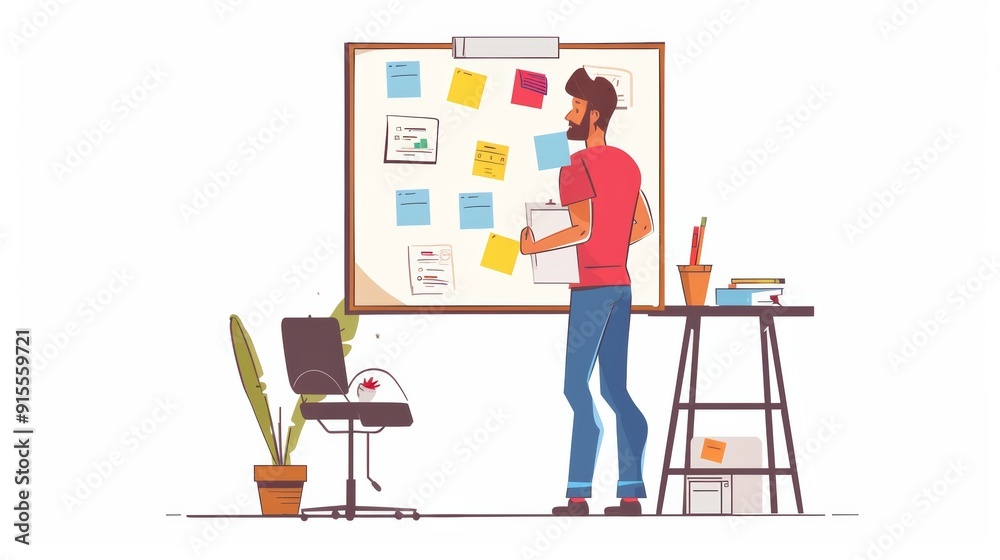 Fototapeta premium Man Planning on Whiteboard with Sticky Notes
