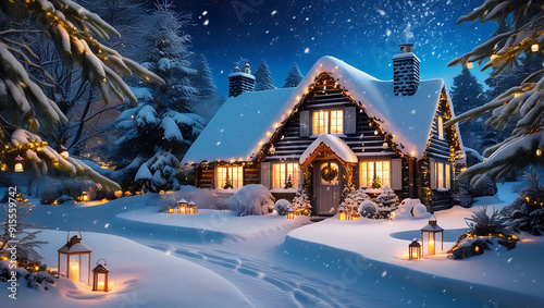 Holiday Season - A Christmas evening in the beautiful village with wooden cottages.. Cottage mostly cover with snows. 