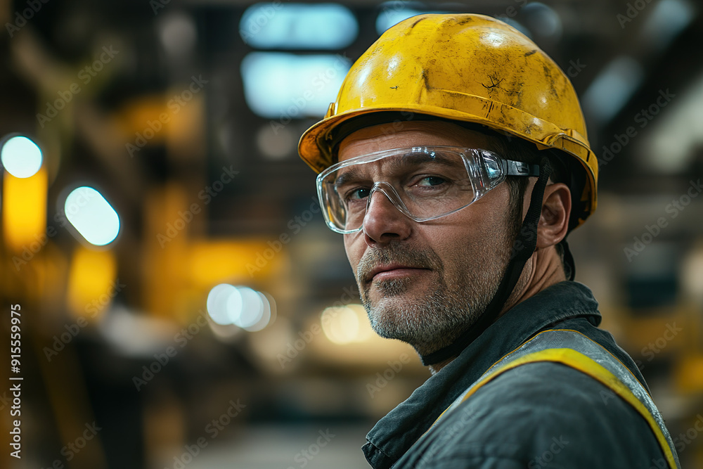 Experienced middle-aged worker in a steel plant, wearing safety glasses and a yellow helmet, with a blurred industrial setting behind. Highlights safety, professionalism, and industrial work. Experienced middle-aged worker in a steel plant, wearing safety glasses and a yellow helmet, with a blurred industrial setting behind. Highlights safety, professionalism, and industrial work.
