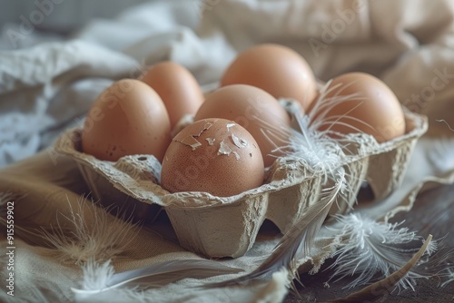 A natural and rustic shot of organic farm eggs in a cardboard carton, with feathers scattered around