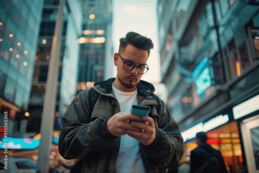 Young man with glasses using phone in vibrant city Young man with glasses using phone in vibrant city