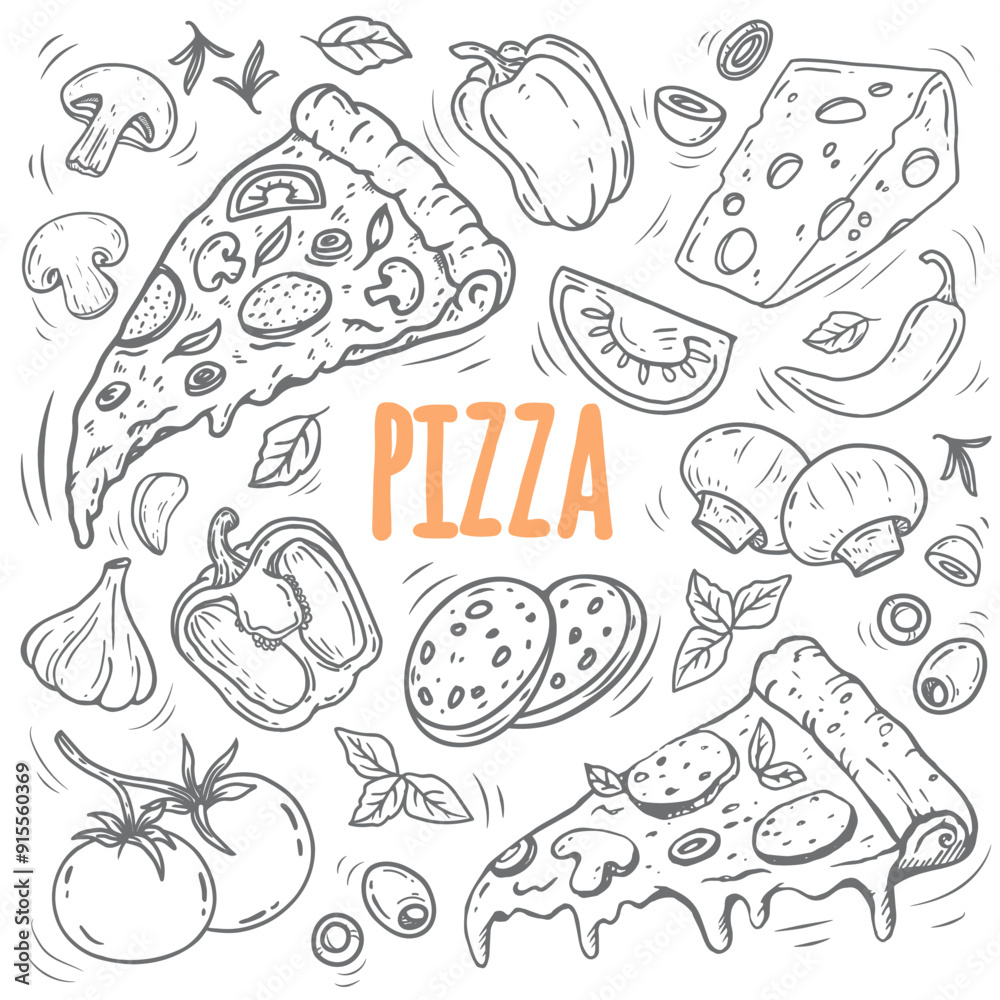 hand drawn vector set of pizza. Set of pizza ingredients in doodle style isolated. Design on white background for for menus, pizzerias, restaurants, banners, markets. Vector illustration hand drawn vector set of pizza. Set of pizza ingredients in doodle style isolated. Design on white background for for menus, pizzerias, restaurants, banners, markets. Vector illustration
