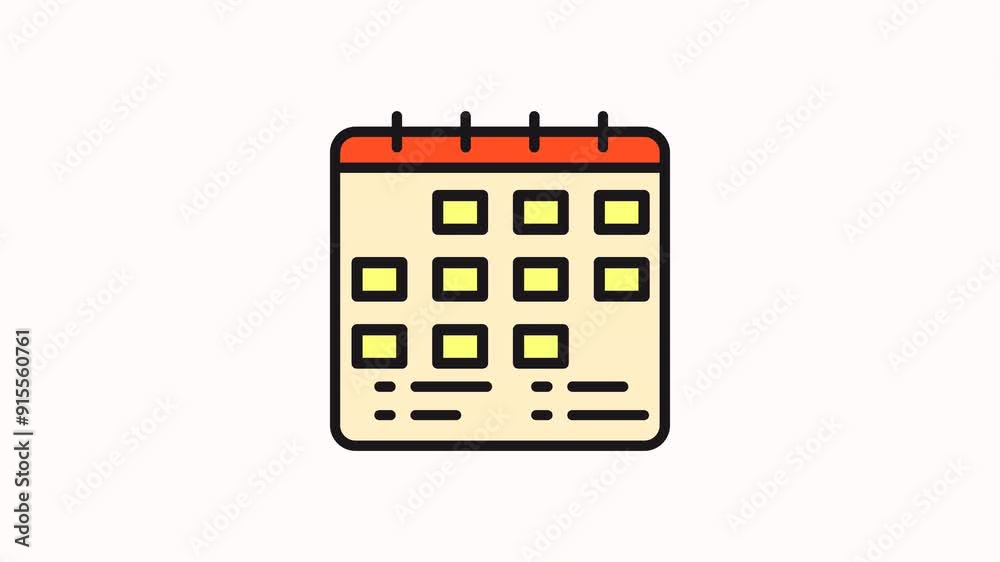 Calendar with nine yellow squares, red top, black lines. motion graphic icon Calendar with nine yellow squares, red top, black lines. motion graphic icon