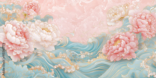 Fototapeta Naklejka Na Ścianę i Meble -  Chinese style background, pink and light blue peonies, golden wave elements