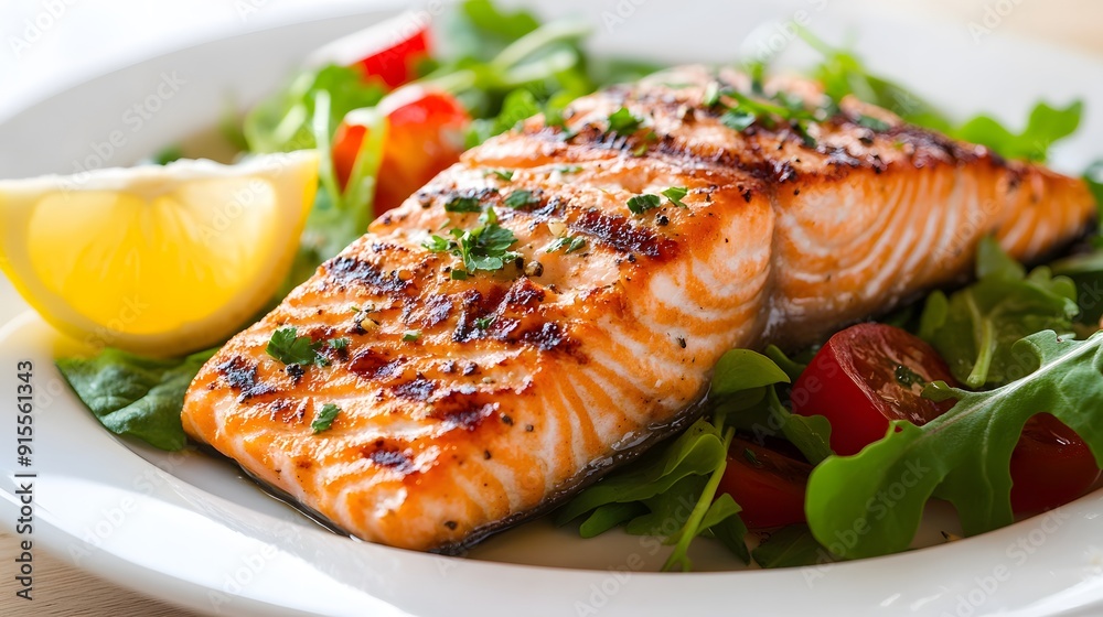 Grilled salmon fillet on a plate with a lemon wedge and a side of mixed greens, showcasing its rich, flaky texture and heart-healthy benefits Grilled salmon fillet on a plate with a lemon wedge and a side of mixed greens, showcasing its rich, flaky texture and heart-healthy benefits