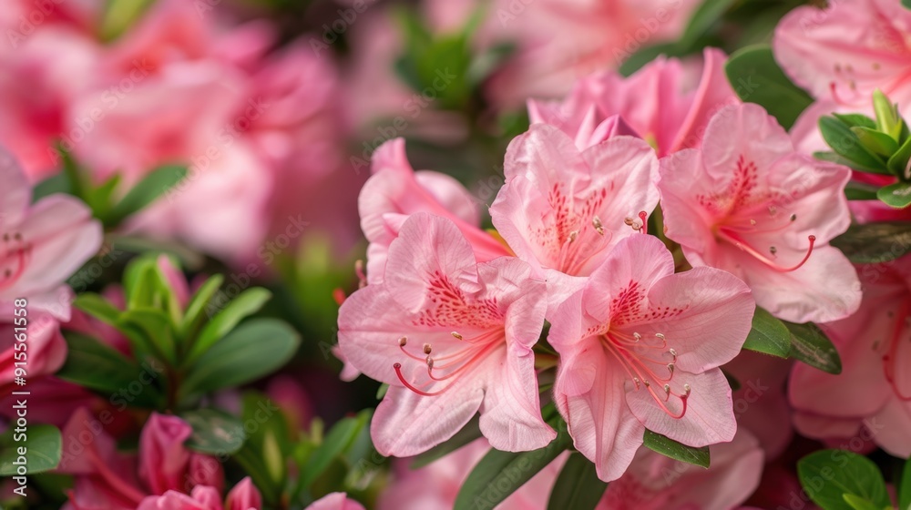 Vibrant Pink Azalea Blossom with Lush Green Leaves Close-Up in Spring Garden Vibrant Pink Azalea Blossom with Lush Green Leaves Close-Up in Spring Garden