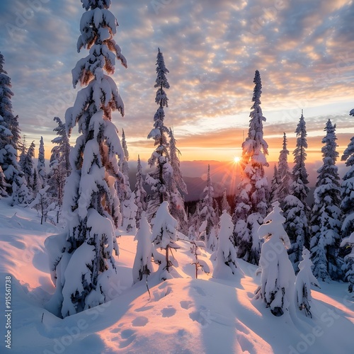 A snowy landscape with tall, snow-covered trees at sunset, casting long shadows on the snow-covered ground.
