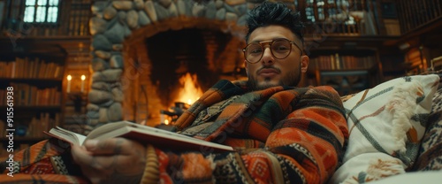 Man reading a book by the fireplace in a cozy library, surrounded by rustic stone walls and wooden shelves filled with books. photo