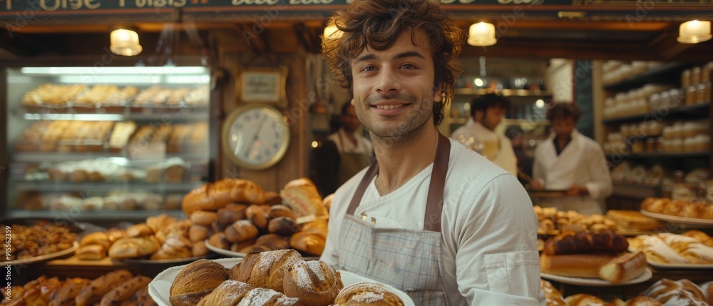 Smiling baker holding a tray of fresh pastries in a vibrant bakery, surrounded by various types of bread and baked goods. Smiling baker holding a tray of fresh pastries in a vibrant bakery, surrounded by various types of bread and baked goods.