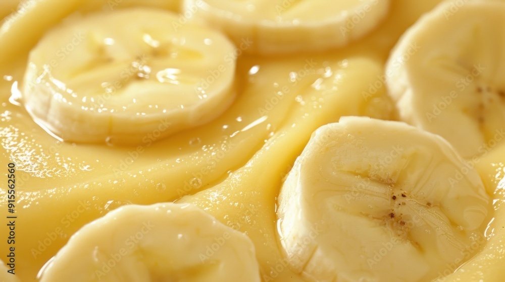 Closeup of banana slices in a creamy yellow sauce. Closeup of banana slices in a creamy yellow sauce.