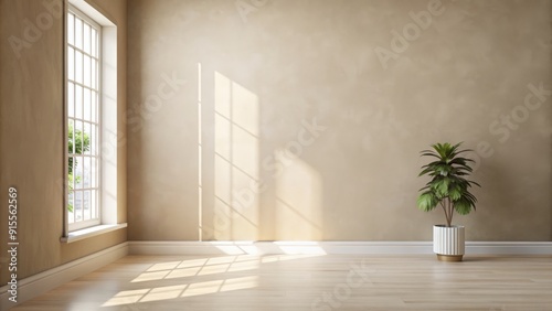 Soft, neutral white and beige wall interior background with subtle window shadow, perfect for product showcasing, text insertion, and presentation, providing a clean and elegant display.