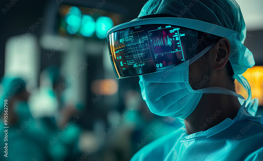 Surgeon wearing an augmented reality headset during a futuristic medical procedure. Surgeon wearing an augmented reality headset during a futuristic medical procedure.