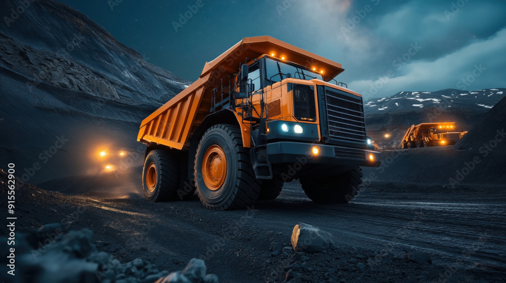 Large mining trucks operating in an open-pit mine at night with illuminated headlights, rugged terrain, and mountainous backdrop under a starry sky. Large mining trucks operating in an open-pit mine at night with illuminated headlights, rugged terrain, and mountainous backdrop under a starry sky.