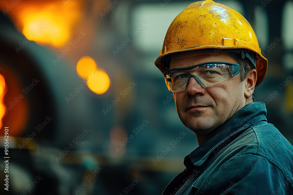 Confident middle-aged worker in a steel plant with a yellow helmet and safety glasses, standing before a blurred industrial setting. Highlights safety, professionalism, and industry. Confident middle-aged worker in a steel plant with a yellow helmet and safety glasses, standing before a blurred industrial setting. Highlights safety, professionalism, and industry.