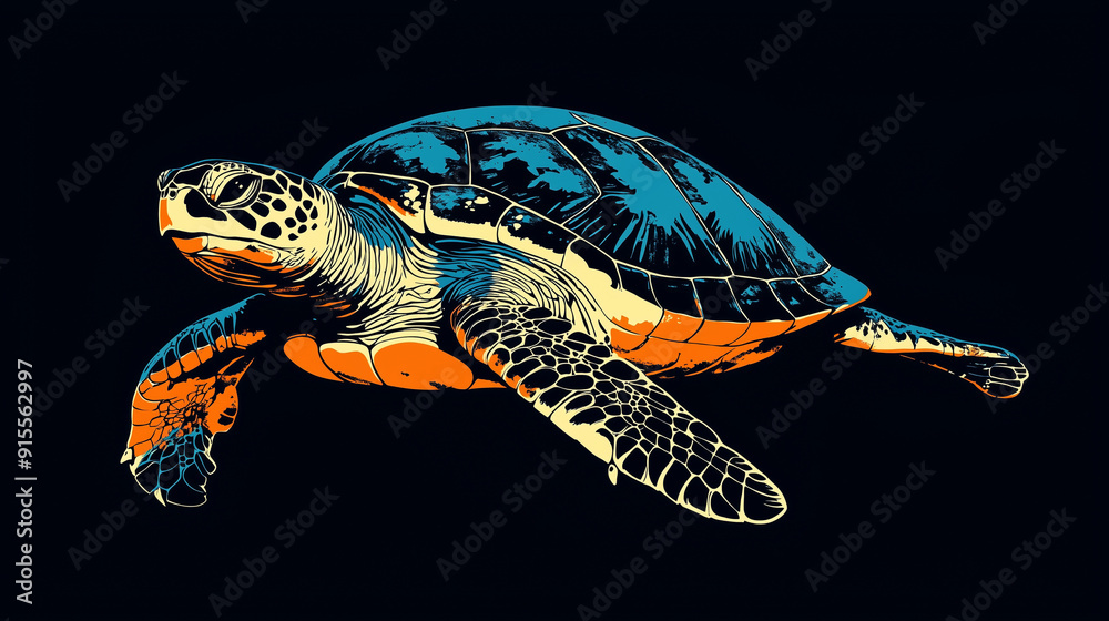 Fototapeta premium Graphic illustration of a wild turtle on a black background. The turtle is depicted in bright blue and orange tones, creating a strong contrast with the background