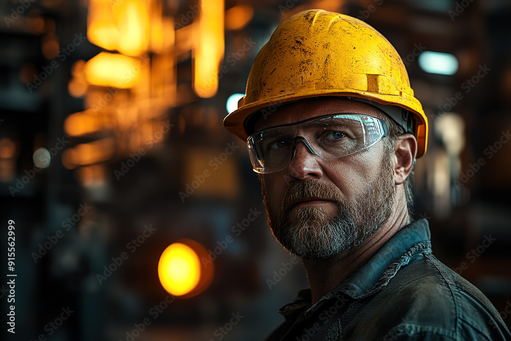 Confident middle-aged worker in a steel plant with a yellow helmet and safety glasses, standing before a blurred industrial setting. Highlights safety, professionalism, and industry. Confident middle-aged worker in a steel plant with a yellow helmet and safety glasses, standing before a blurred industrial setting. Highlights safety, professionalism, and industry.