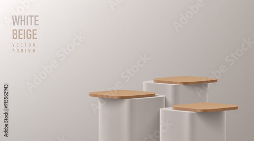 Realistic 3D round corner cube stand podium set in gray and brown wood on clean wall scene. Minimalist mockup pedestal, Abstract product display presentation, Stage showcase. Platforms vector design.