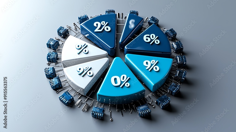 Abstract pie chart with blue and white segments, surrounded by circuit boards, representing data analysis and technology. Abstract pie chart with blue and white segments, surrounded by circuit boards, representing data analysis and technology.