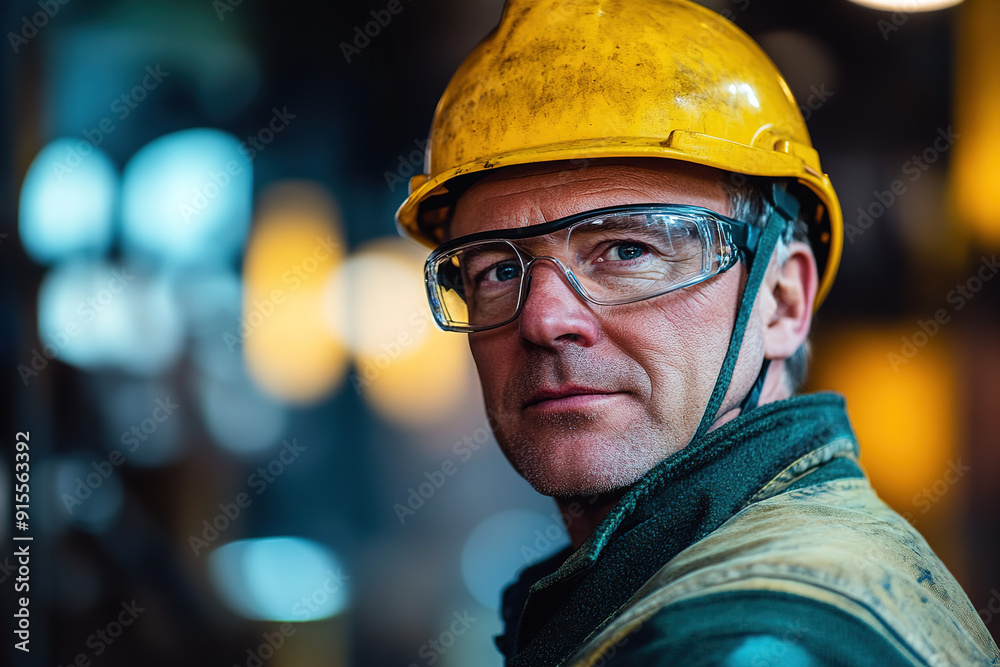 Steel plant worker in safety glasses and a yellow helmet, middle-aged and professional, posed with a blurred factory background. Emphasizes safety and industrial expertise. Steel plant worker in safety glasses and a yellow helmet, middle-aged and professional, posed with a blurred factory background. Emphasizes safety and industrial expertise.