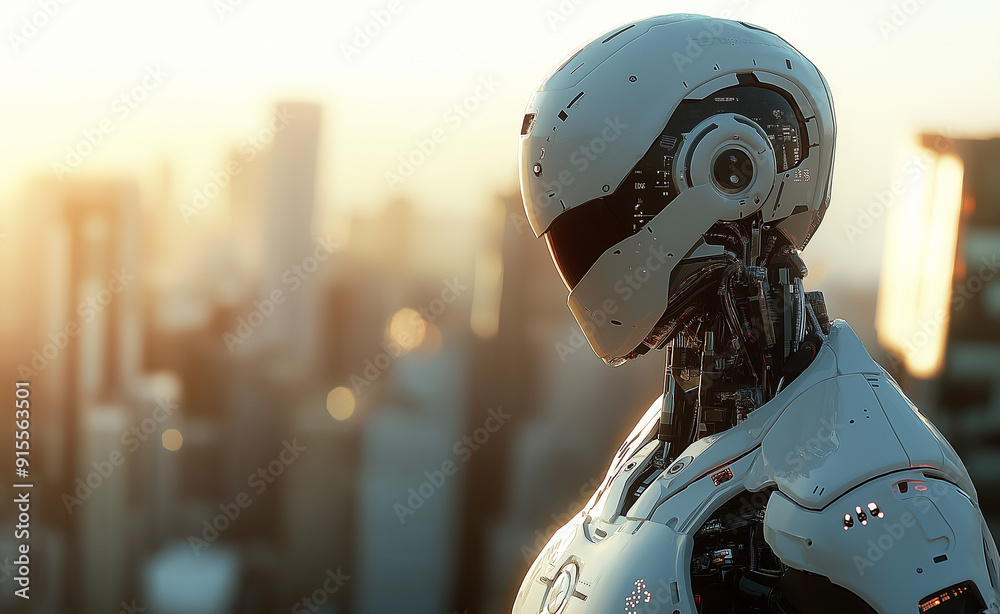 Fototapeta premium Futuristic white robot with a sleek design overlooking a modern city skyline.